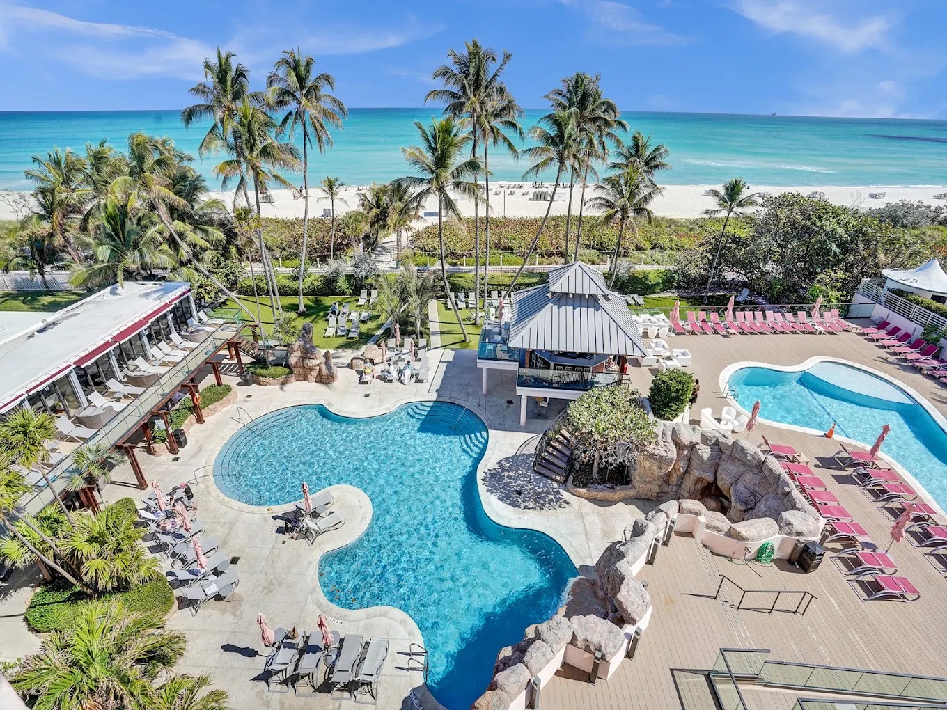Aerial view of pools and Miami Beach oceanfront